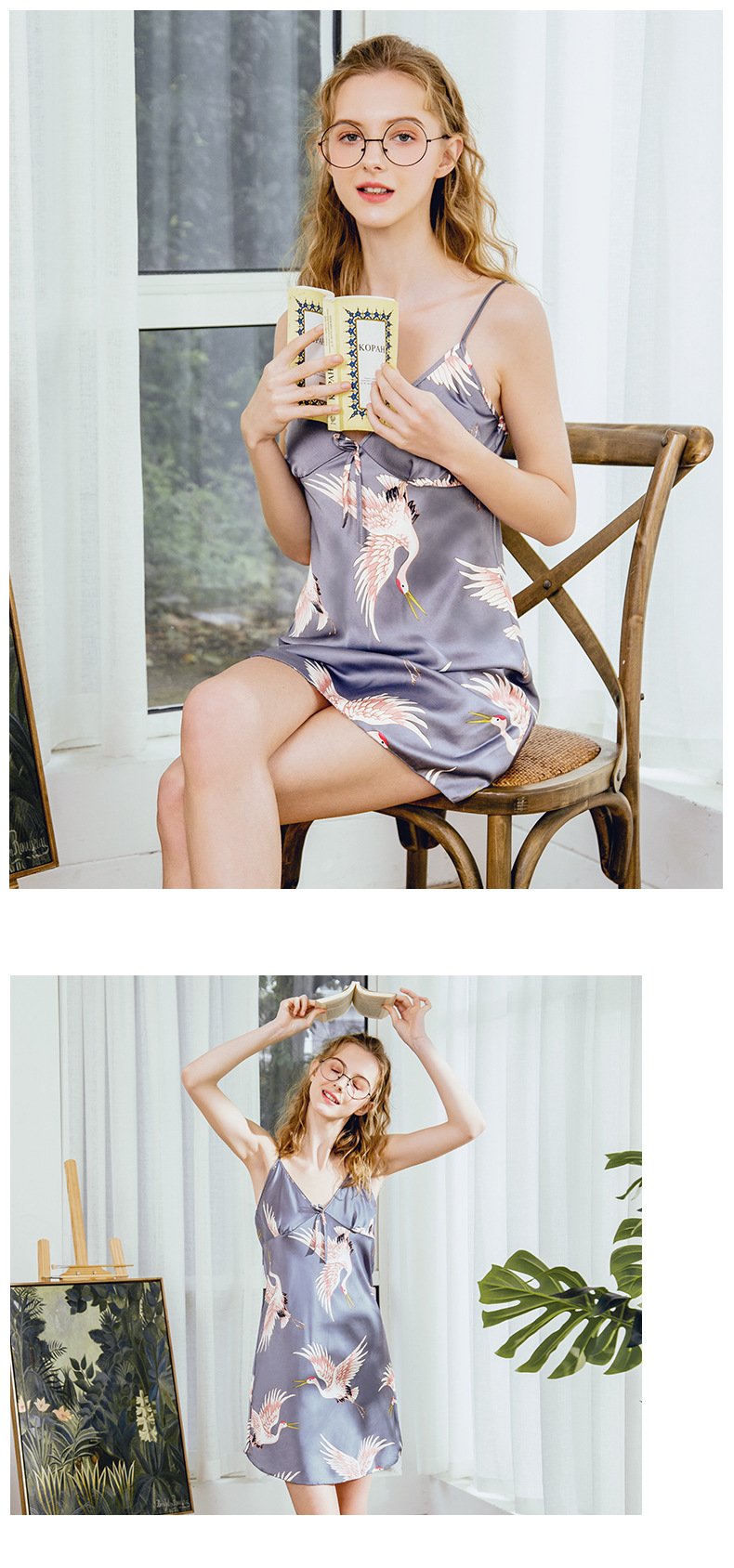 Pajamas Silk Pajamas Women'S Summer Crane Sexy Suspender Nightdress Home Clothes