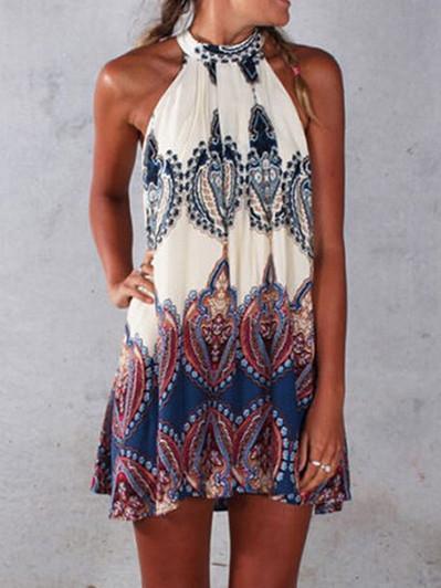 Pretty Fashion Floral-Print Chiffon Sleeveless Lace-Up Cross Neck Mini Dress