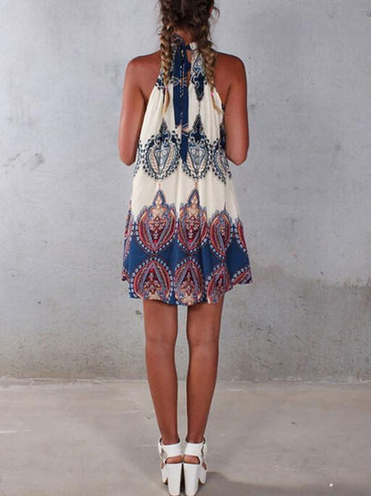 Pretty Fashion Floral-Print Chiffon Sleeveless Lace-Up Cross Neck Mini Dress