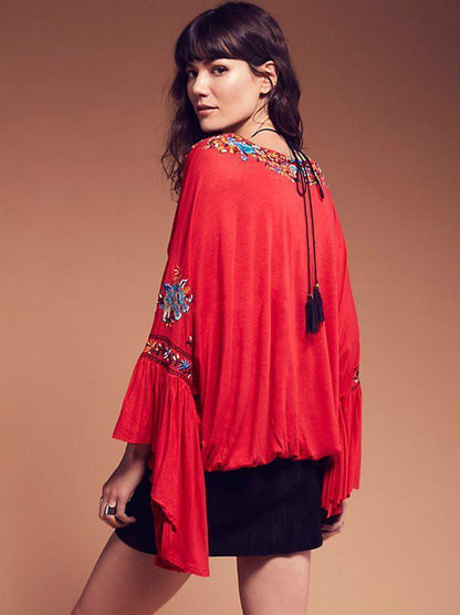 4 Color Embroidery Tassel V-Neck Cotton Embroidery Sleeves Shirt Jacket