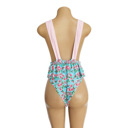 Ruffled Print V-Neck Bow Ins Style One Piece Swimsuit