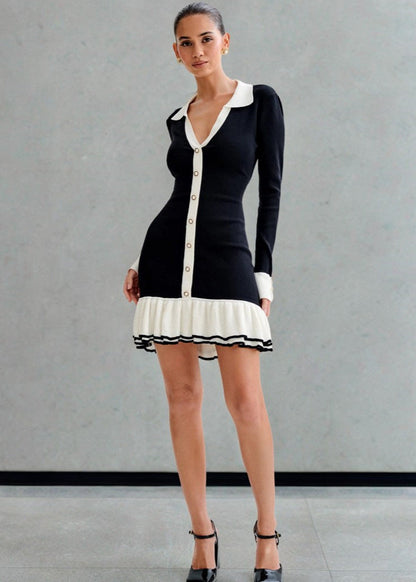 Contrast Trim Knit Dress With Ruffle Hem