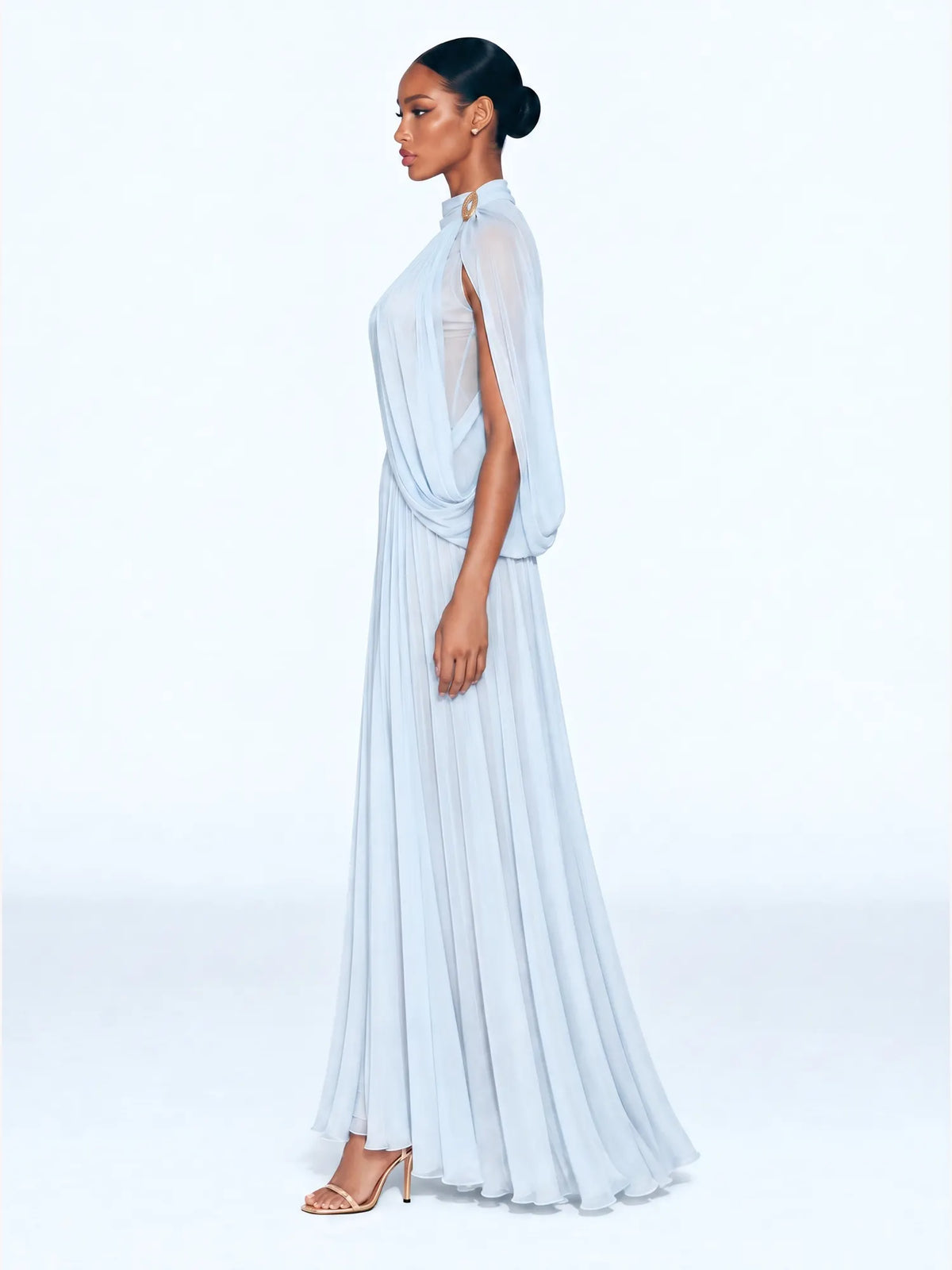 Mirabelle Stand-Collar Pleated Maxi Dress