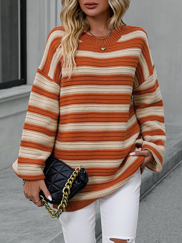 Long Sleeves Loose Striped Round-Neck Pullovers Sweater Tops