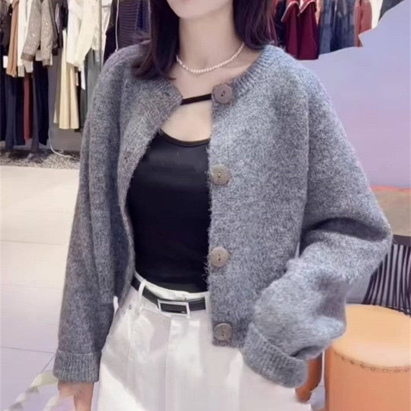 Solid Color Loose Short Round Neck Cardigan Sweater