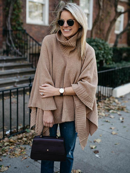 High-Neck Solid Color Knitting Sweater Cover-Ups Tops