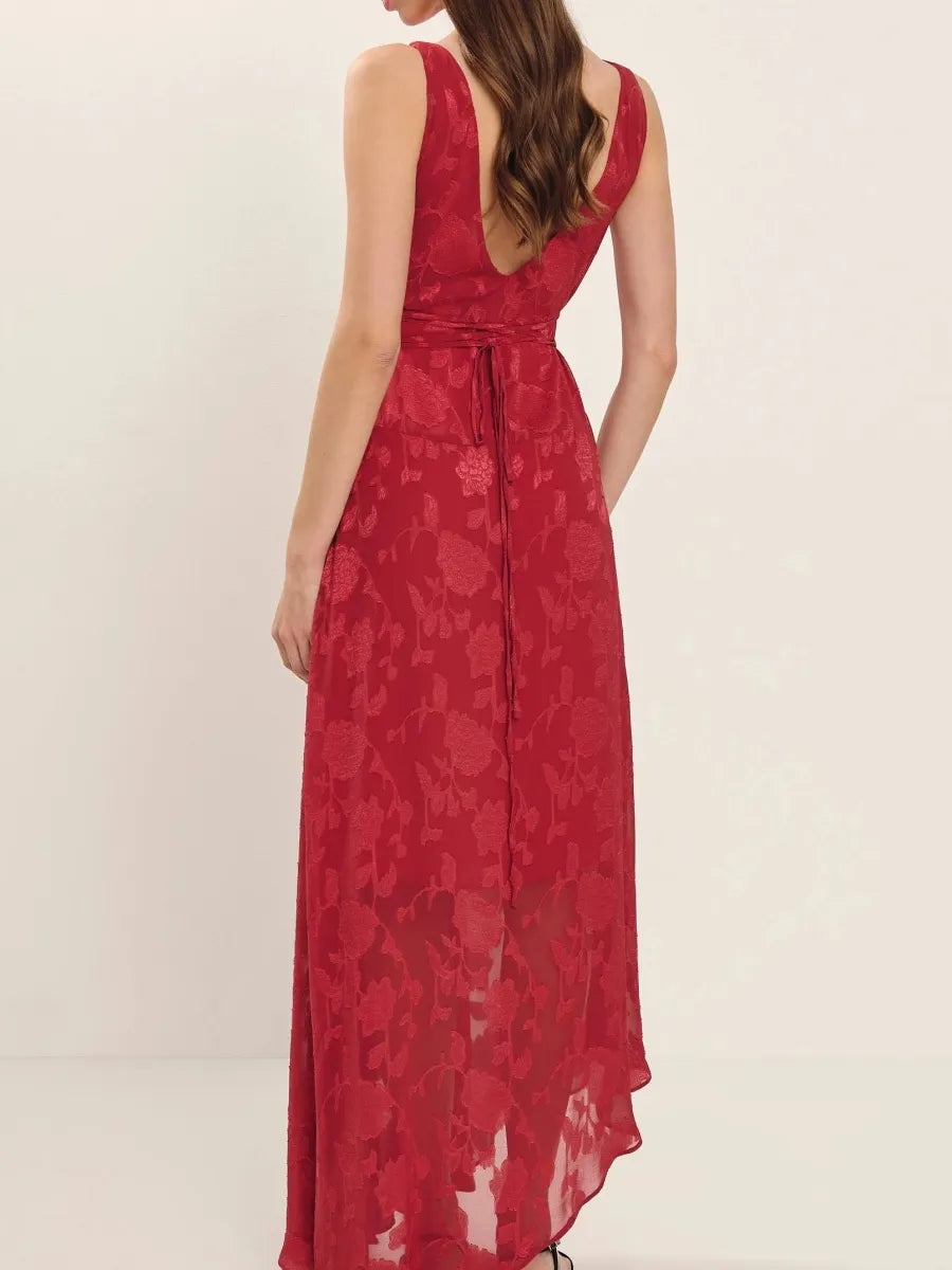Chloe Floral-Jacquard Sleeveless Flowy Midi Dress