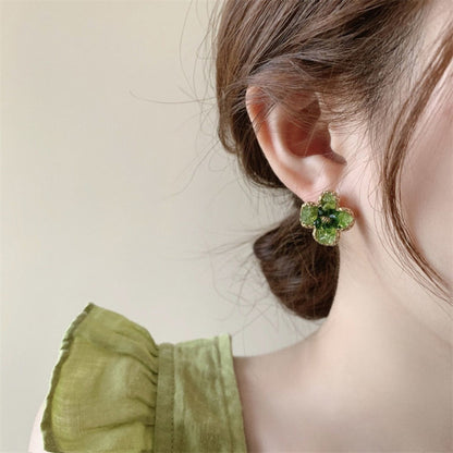 Earwish - Green Sparkling Floral Earrings - Delicate &amp; Chic