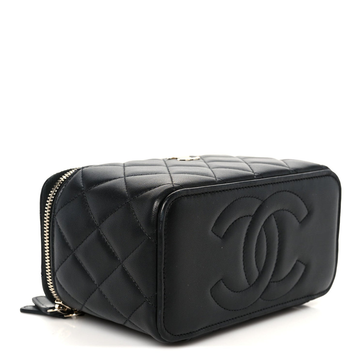 Lambskin Quilted Small Top Handle Vanity Case With Chain Black