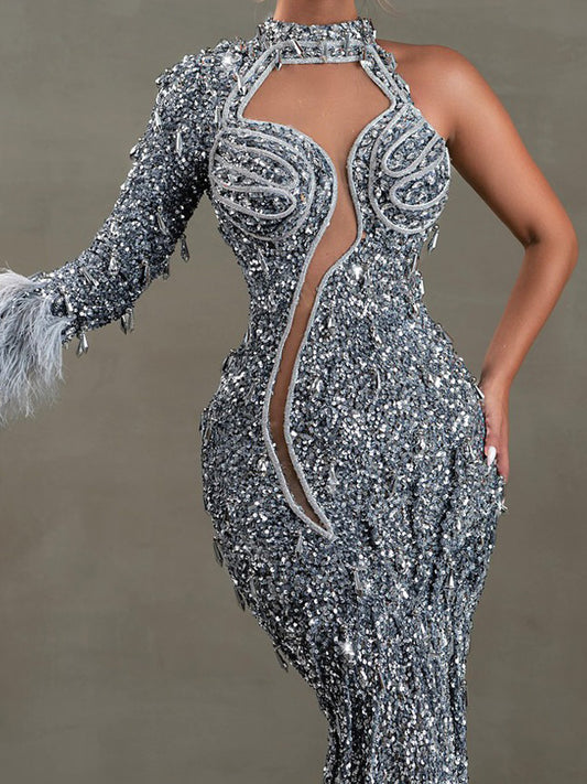 Alessia One Sleeve Sequin Maxi Dress