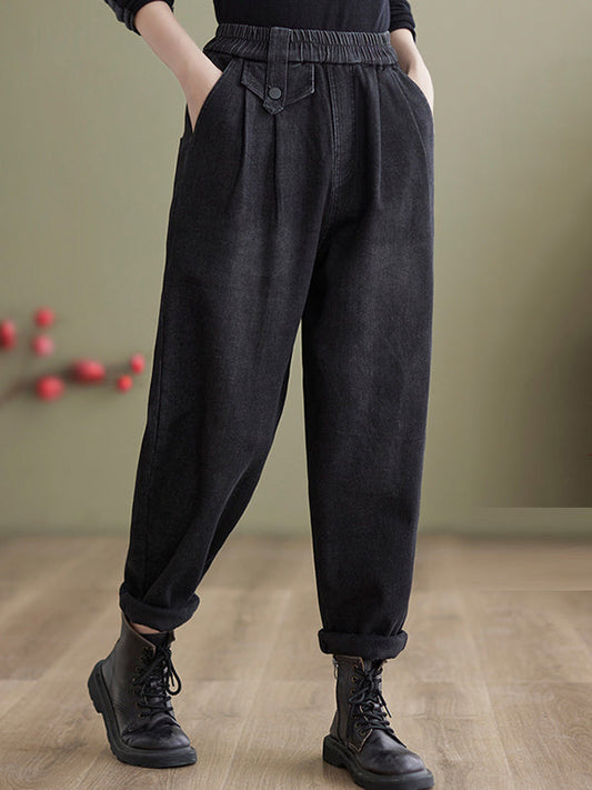 Casual Loose Velvet Elasticity Solid Color Harem Jean Pants Bottoms