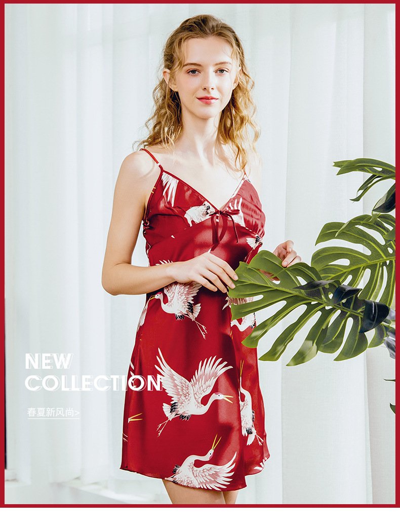 Pajamas Silk Pajamas Women'S Summer Crane Sexy Suspender Nightdress Home Clothes