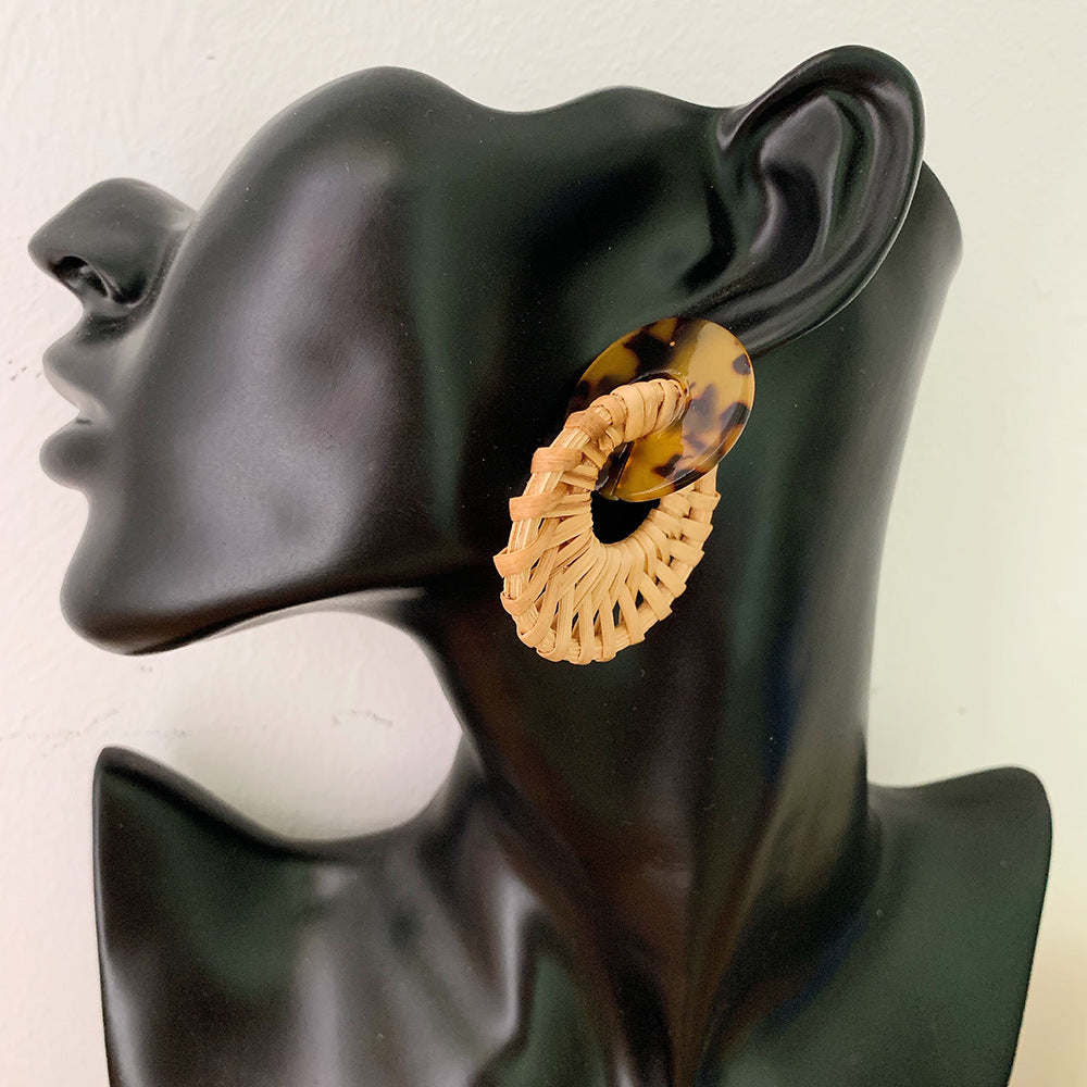 Leopard Round Rattan Acrylic Drop Earrings