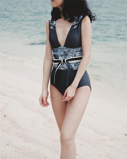 Retro Print New High Slit One-Piece Swimsuit