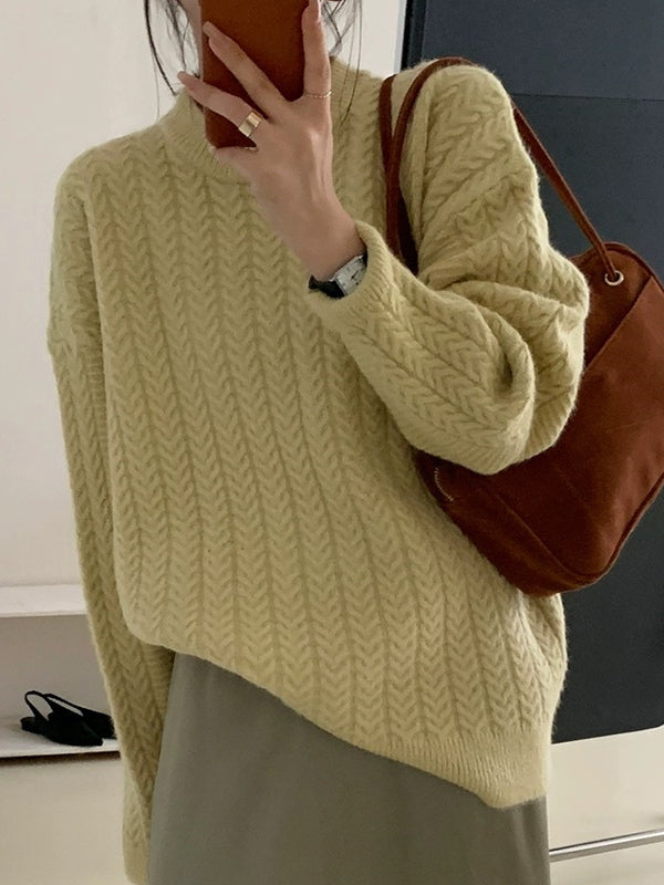 Long Sleeves Loose Solid Color Velvet Round-Neck Knitwear Pullovers Sweater Tops