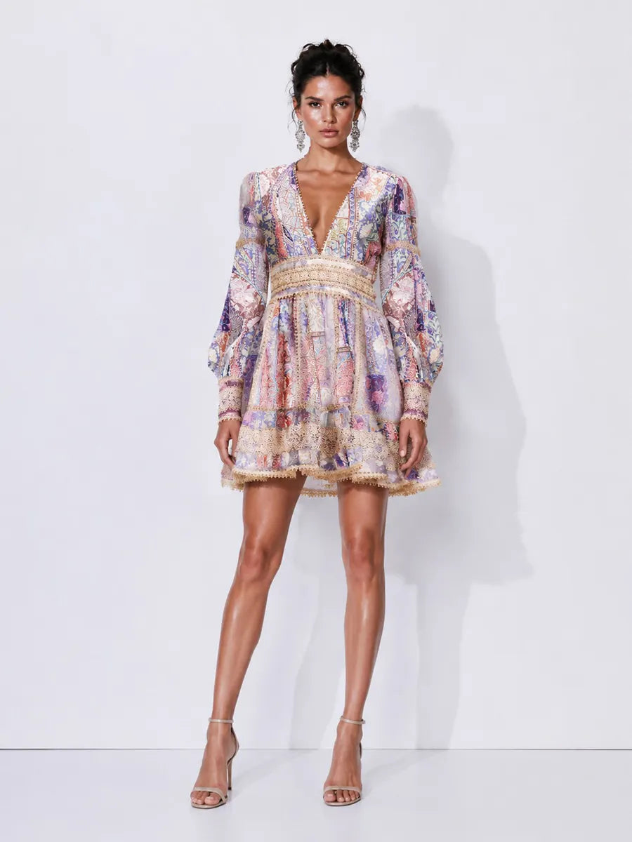 Carmen Lace-Panelled Printed Long-Sleeve Mini Dress