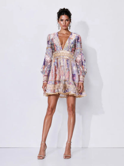 Carmen Lace-Panelled Printed Long-Sleeve Mini Dress