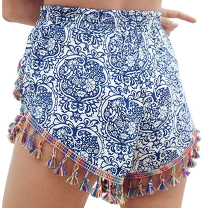 Bohemian Lace Tassel Blue And White Porcelain Print Shorts Summer Beach Hot Pants