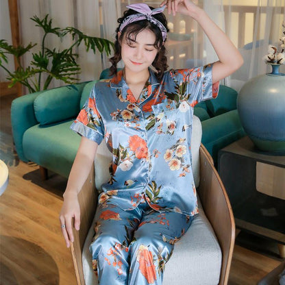 Spring And Summer New Ladies Printed Silk Casual Home Clothes Short Sleeve Trousers Summer Cardigan Pajamas