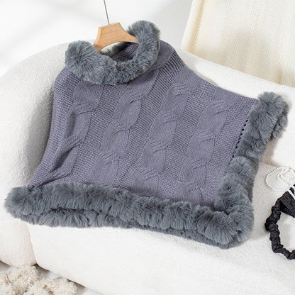 Fur Collar Cable Knit Sweater Cape