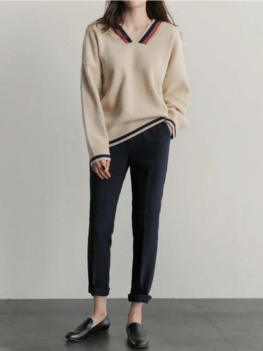 Casual Stripe Patchwork Long Sleeve V-Neck Women Sweaters