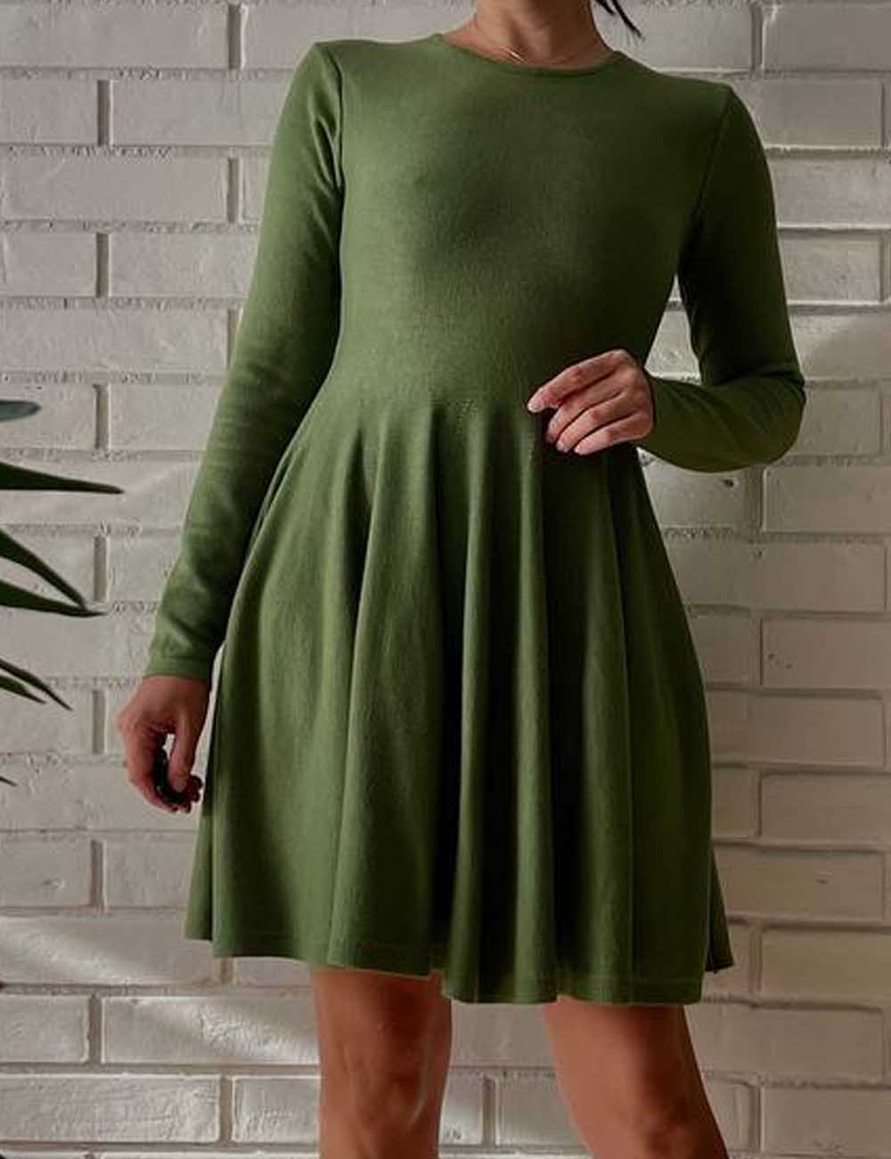 Elegant Round Neck Long Sleeve Flare Mini Dress
