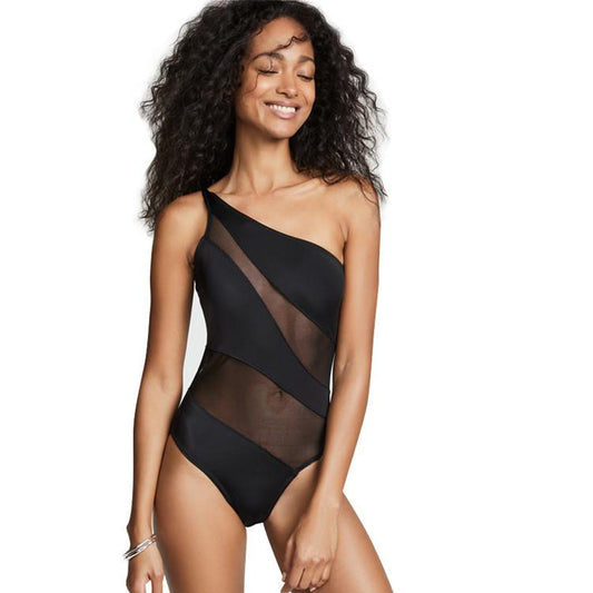 New Sexy One-Shoulder Gauze Stitching Covering Belly Slimming One-Piece Swimsuit