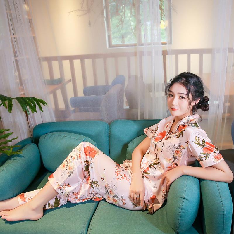 Spring And Summer New Ladies Printed Silk Casual Home Clothes Short Sleeve Trousers Summer Cardigan Pajamas