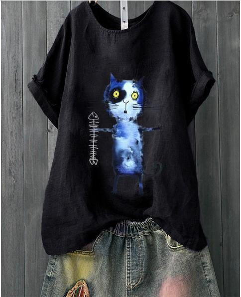 Fishbone Printing Solid Color Joker Original Artistic Crew Neck T-Shirt