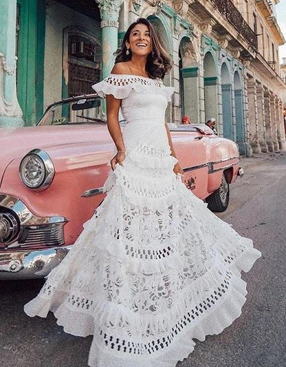 Lotus Leaf Edge Hollowed Out Lace Dress