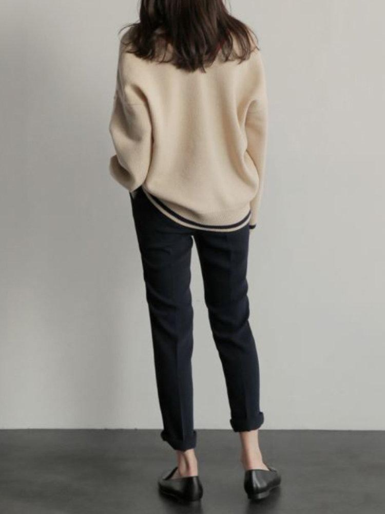 Casual Stripe Patchwork Long Sleeve V-Neck Women Sweaters