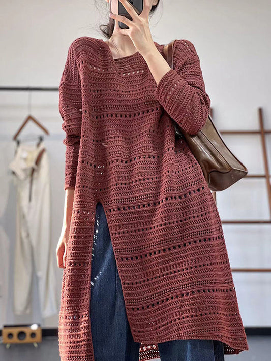 Long Sleeves Loose Hollow Solid Color Split-Front Round-Neck Sweater Dresses
