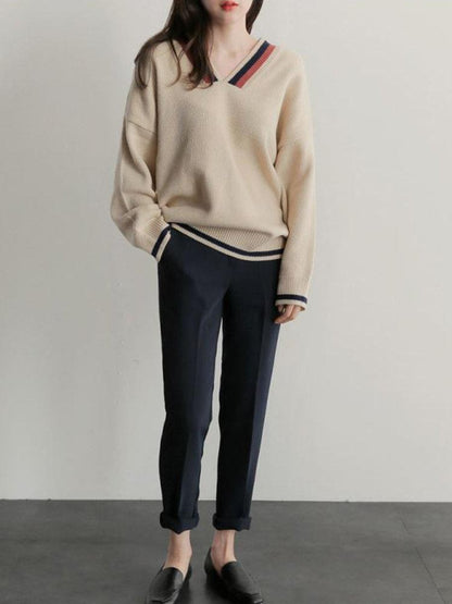 Casual Stripe Patchwork Long Sleeve V-Neck Women Sweaters