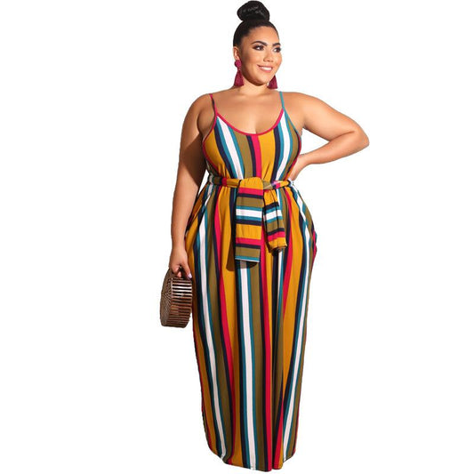 Large Women'S Stripe Loose Dress With Belt And Suspender Summer