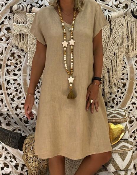 Short Sleeve Medium Skirt V-Neck Dress