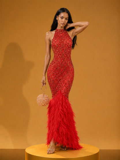 Isolde Elegant Rhinestone & Feather-Hem Maxi Dress In Red