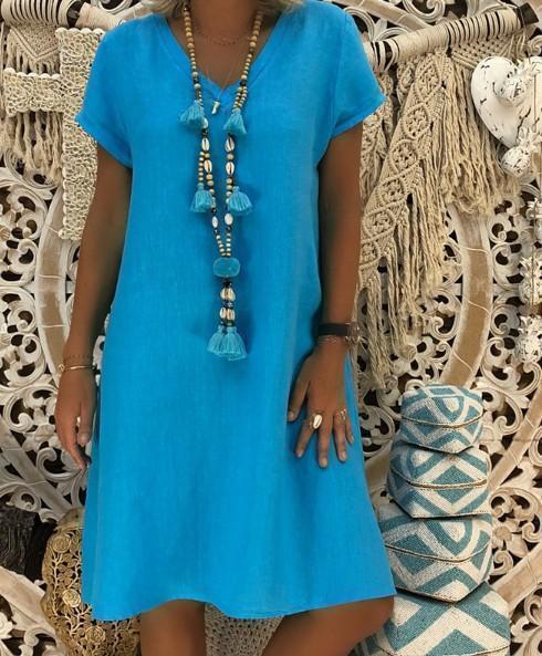 Short Sleeve Medium Skirt V-Neck Dress