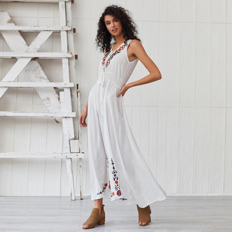 Bohemian V Collar Embroidered Sleeveless Wig Dress