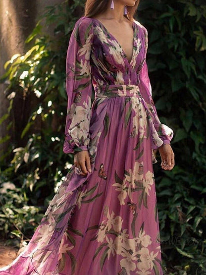 2021 Summer Women'S Floral Collar Long Sleeve Printed Big Swing Dress New