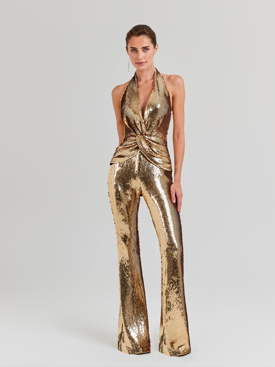 Enoch Backless Twisted Sequin Jumpsuit