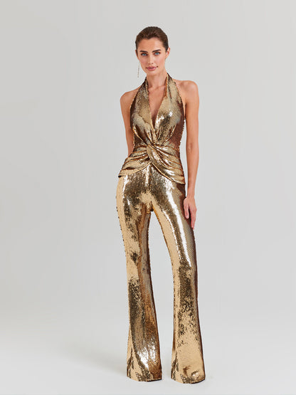 Enoch Backless Twisted Sequin Jumpsuit