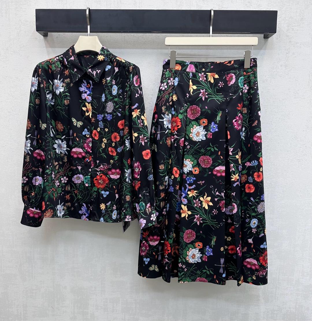 GG SS26 Flora Printed Pleated Midi Skirt Black Multicolor Silk 351778