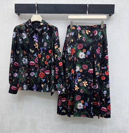 GG SS26 Flora Printed Pleated Midi Skirt Black Multicolor Silk 351778