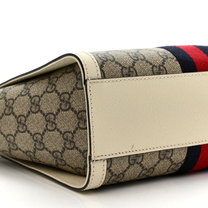 GG Supreme Monogram Textured Dollar Calfskin Web Small Ophidia Tote Bag Beige Ebony Mystic White