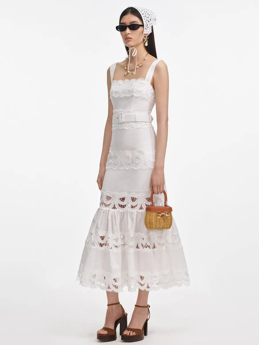 Victoria Linen Lace Insert Midi Dress