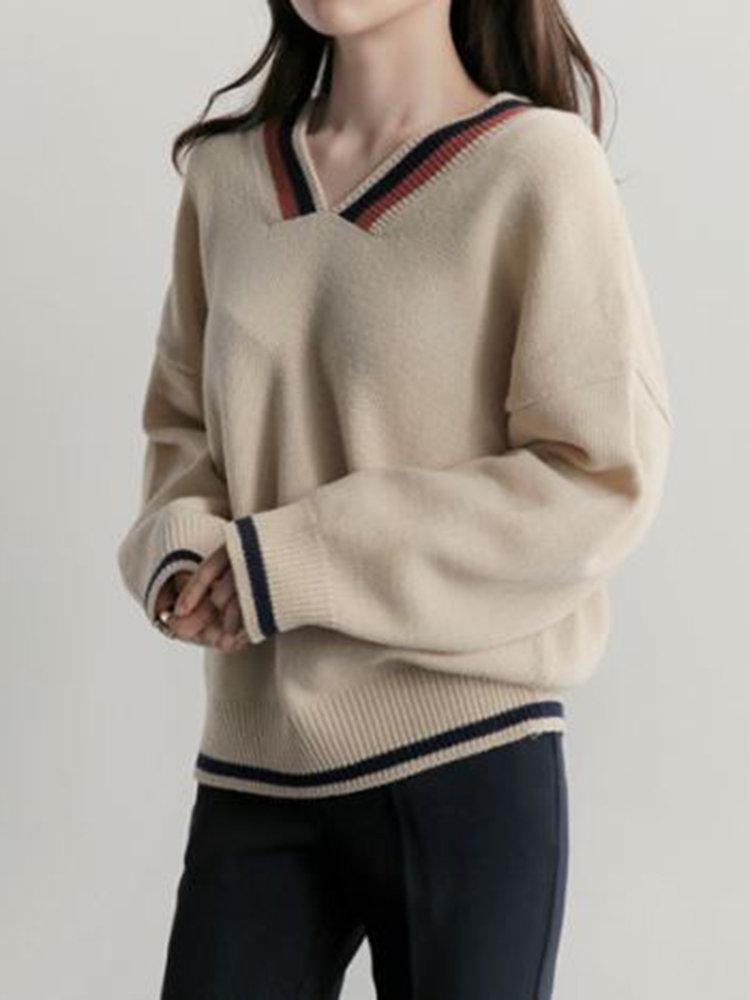 Casual Stripe Patchwork Long Sleeve V-Neck Women Sweaters