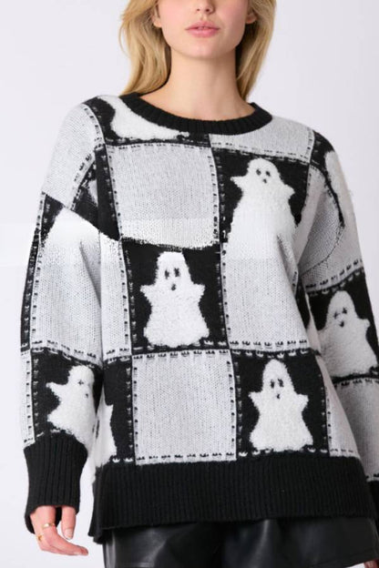 Halloween Ghost Plaid Crew Neck Sweater