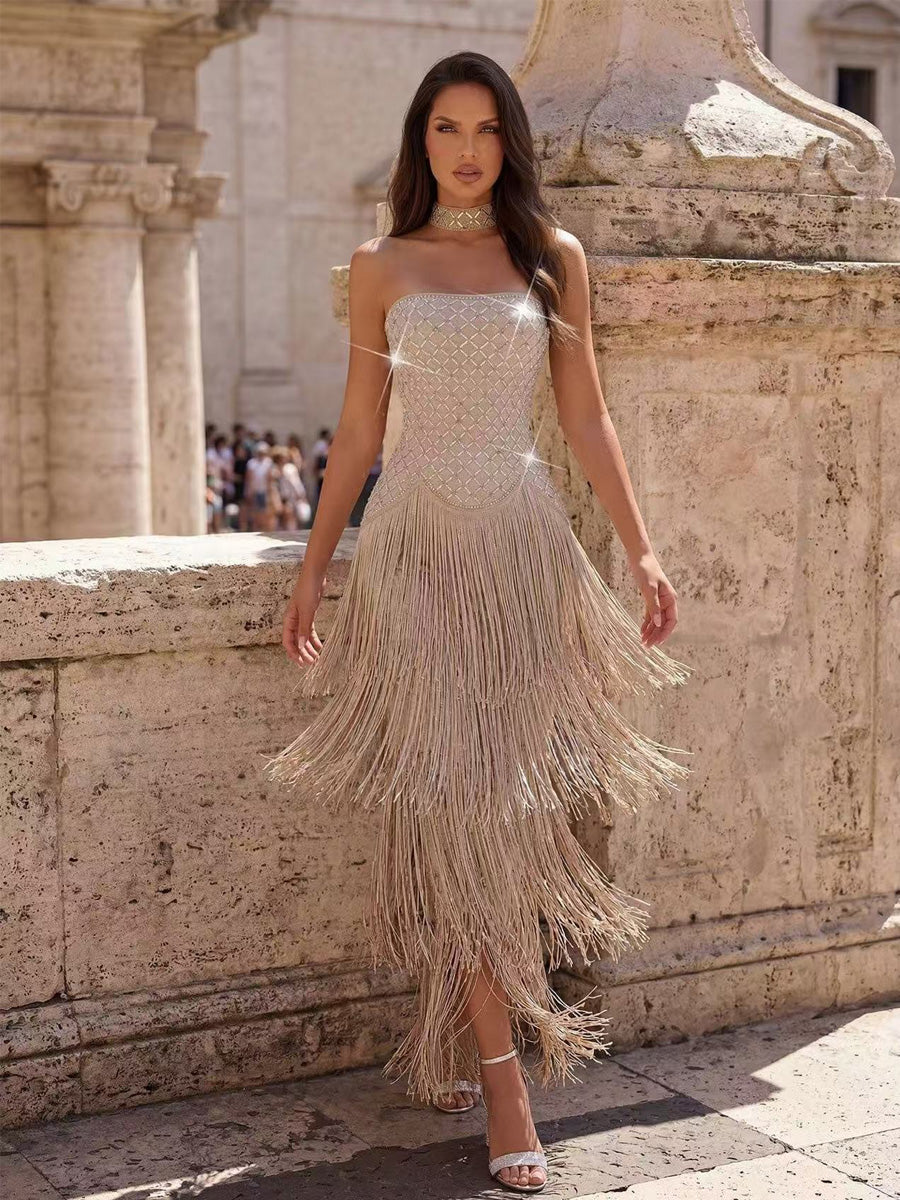 Antonella Sleeveless Rhinestone and Fringe Maxi Dress