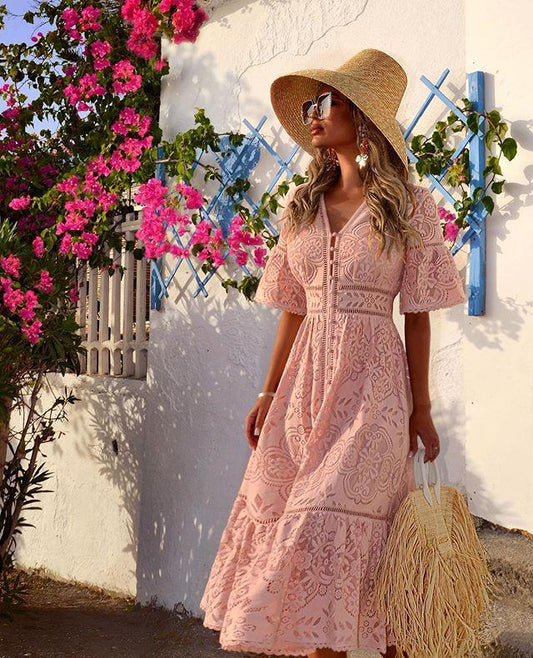Summer New Women'S V-Neck Short Sleeve Hollow Single-Breasted Lace Dress New