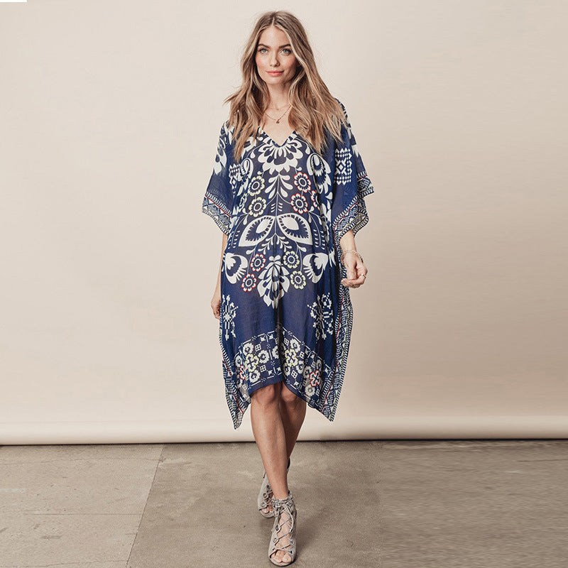 New Navy Positioning Flower Chiffon V-Neck Loose Bikini Smock Beach Dress Swimsuit Cover-Up